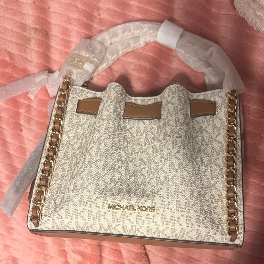 Michael Kors Cream Logo Shoulder Bag With Tan Trim And Gold Chain